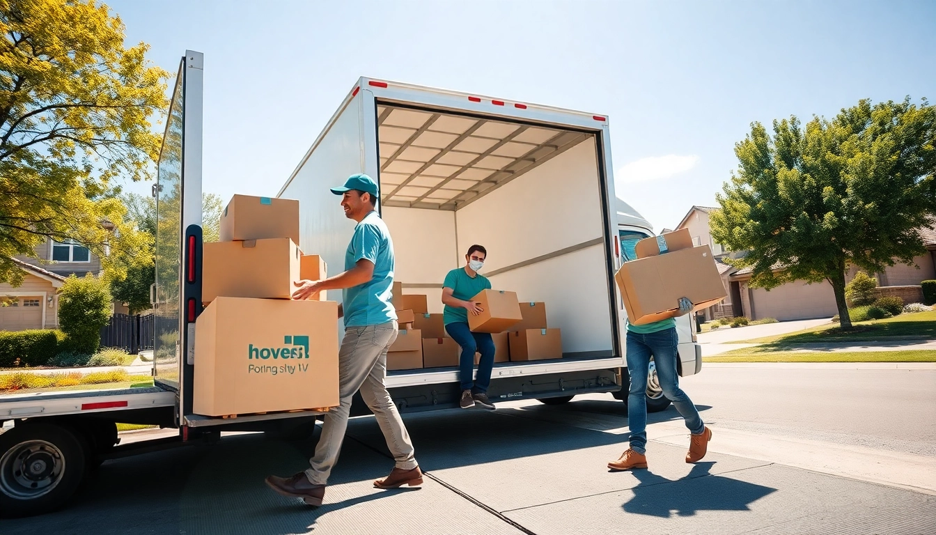 Umzugsfirma in Aktion, freundliche Mitarbeiter packen Kartons in einen modernen Umzugswagen.