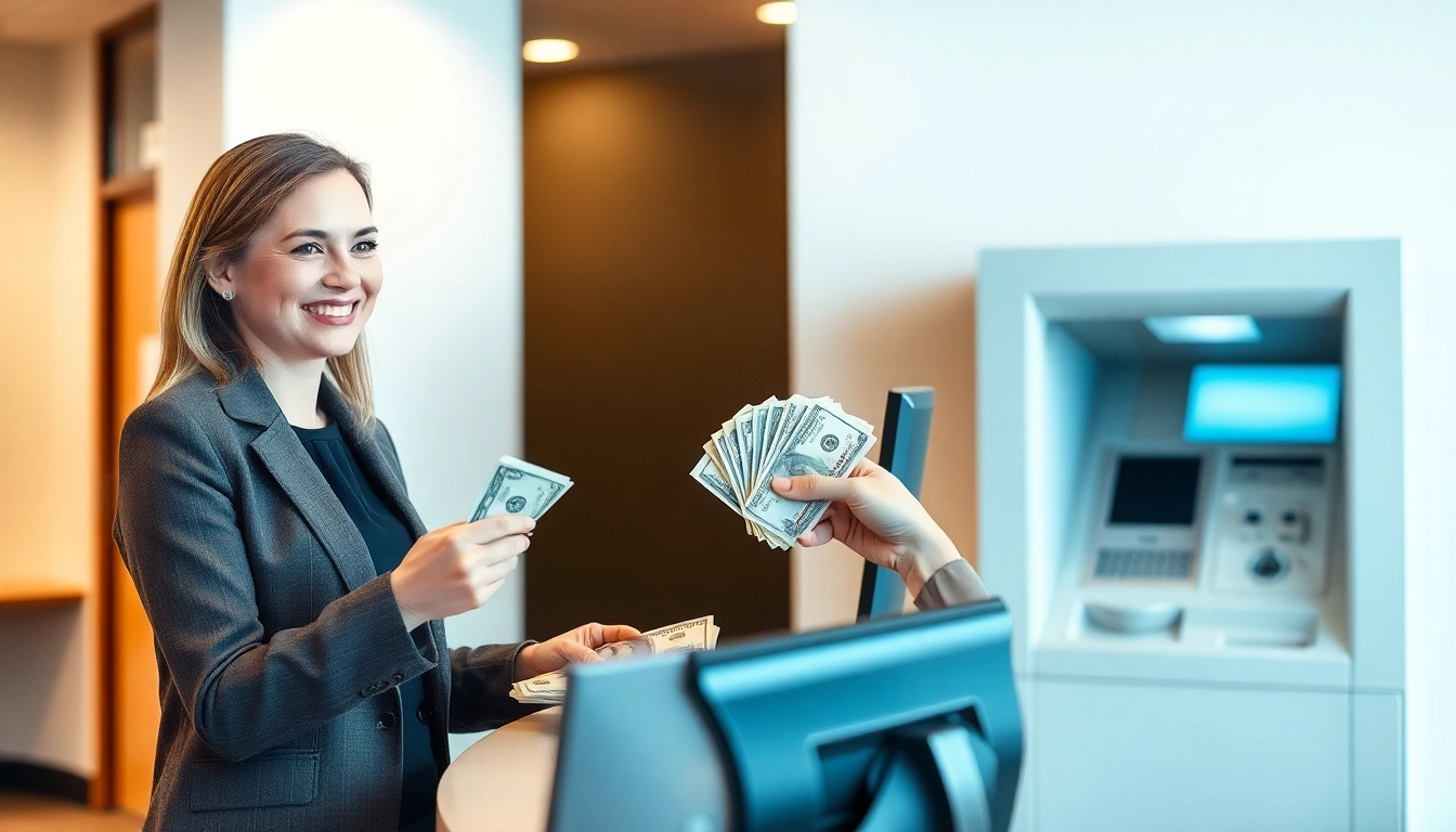 Membantu nasabah dengan deposit 1k di bank modern, teller profesional melayani dengan ramah.