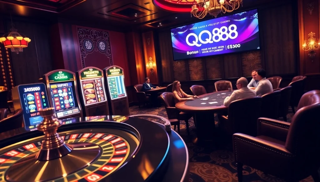 Players enjoying an exciting gambling experience at QQ88's luxurious casino.