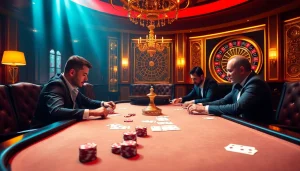 Exciting poker game at hay.win casino with chips, cards, and a roulette wheel.