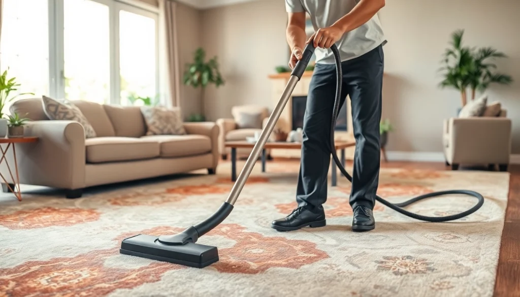 Local carpet cleaners expertly revitalizing a designer rug in a stylish living room setting.
