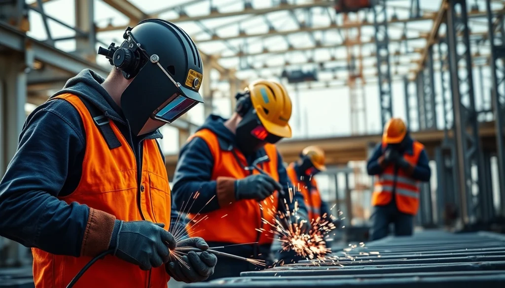 Welders performing structural steel welding on a construction site with sparks flying.