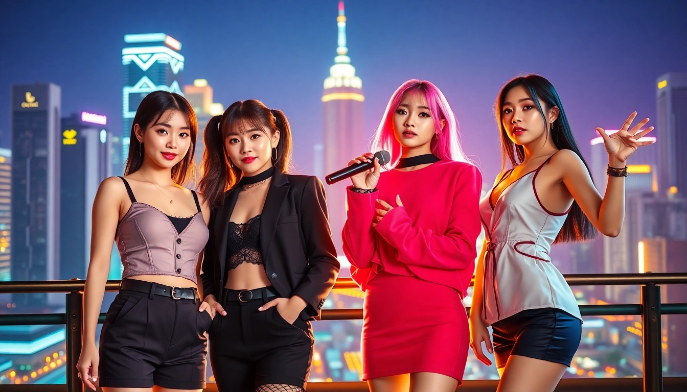 Blackpink members showcase their unique styles and vibrant personalities in a city backdrop.