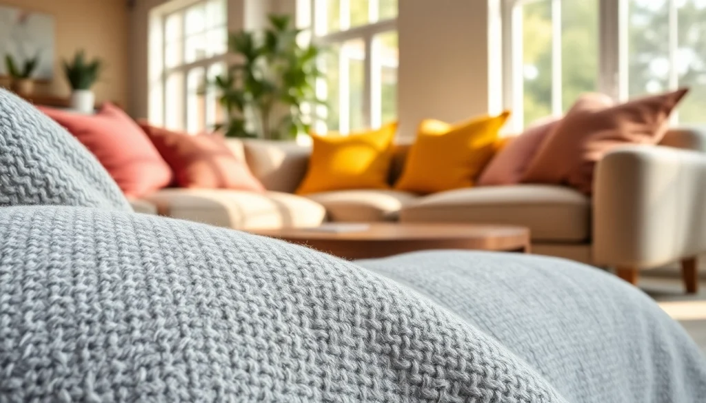 Textured bouclé stoffen displayed on cushions in a modern living room setting.