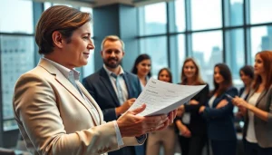 Crisis management consultant presenting strategies with a professional team in an office setting.