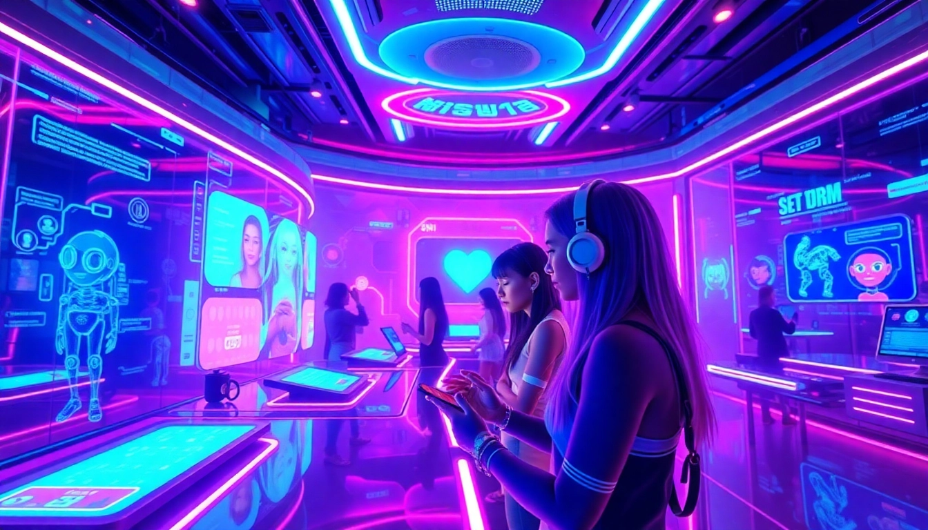 The best NSFW AI platforms depicted in an innovative virtual world with users engaging in dynamic interactions and vibrant colors.