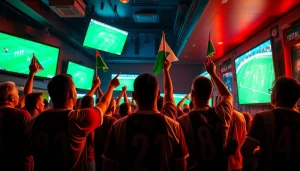 مشجعو كرة القدم يستمتعون بمشاهدة مباراة مباشرة في بار رياضي، ويحتفلون بتغطية koora tv.