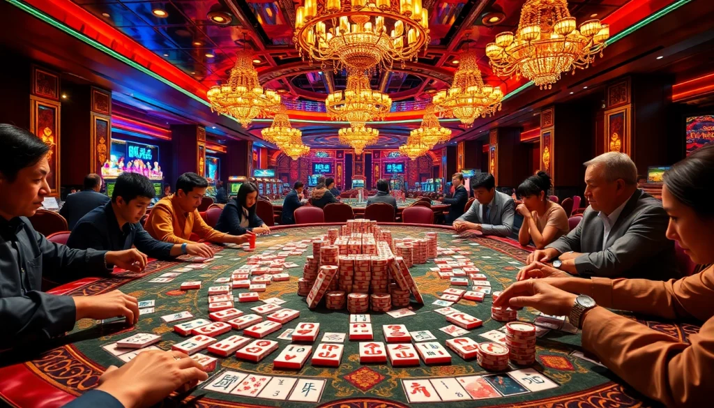 Players engage in link mahjong at an opulent casino table, showcasing vibrant colors and intense atmosphere.
