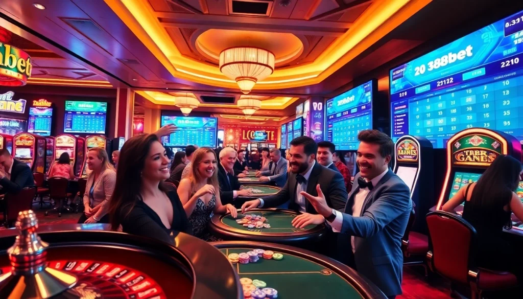 Gamblers enjoying the luxury of 388bet in an upscale casino environment.