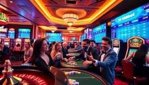 Gamblers enjoying the luxury of 388bet in an upscale casino environment.