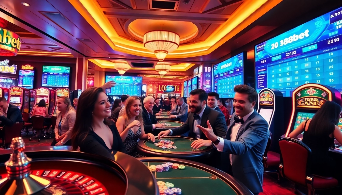 Gamblers enjoying the luxury of 388bet in an upscale casino environment.