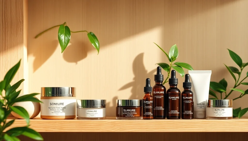 Kosmetika produktai išdėstyti natūraliame mediniame fone, kuriame matyti žalumos akcentai.