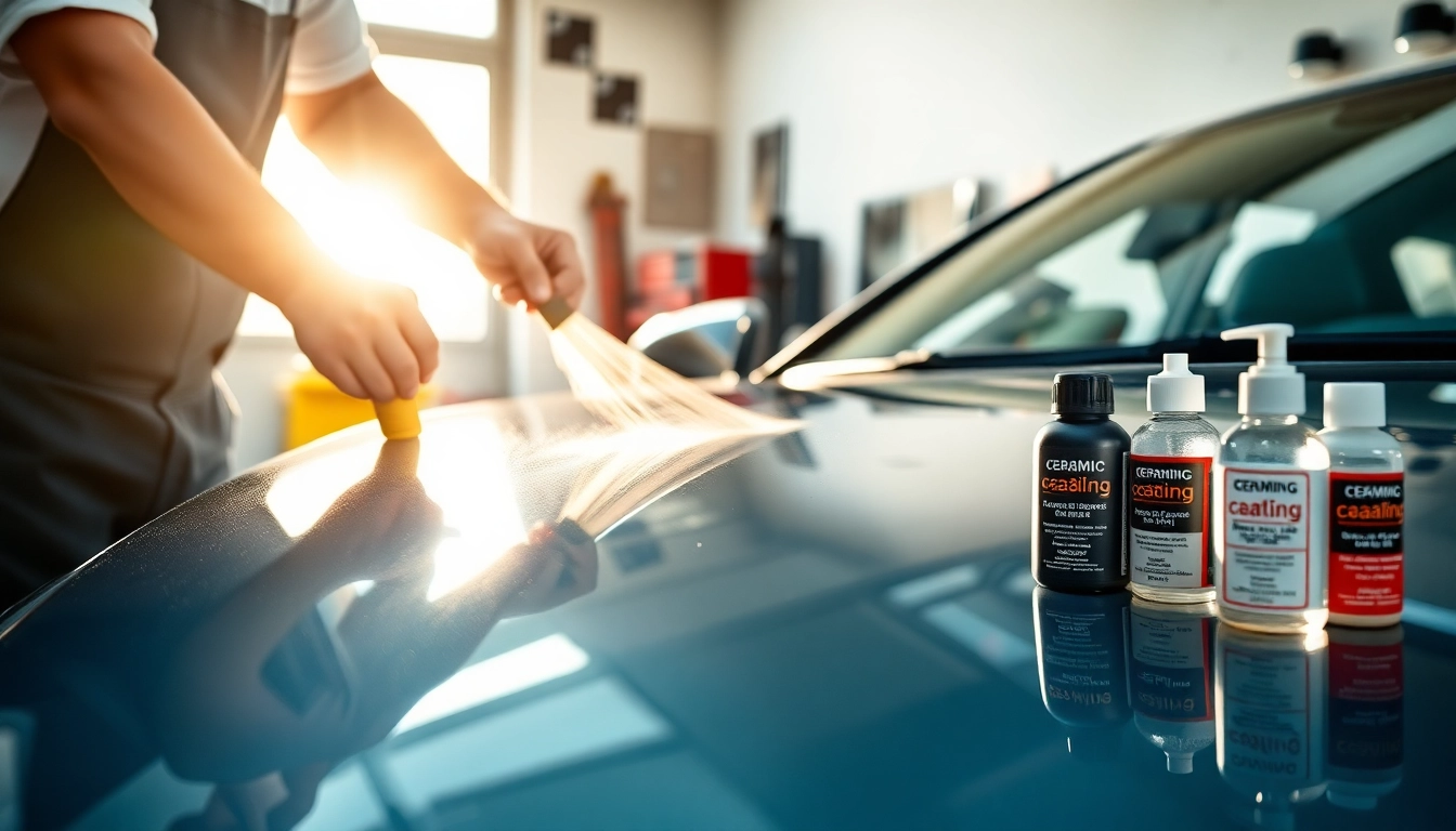 Applying ceramic coating near me on a pristine vehicle in a well-lit garage setting.