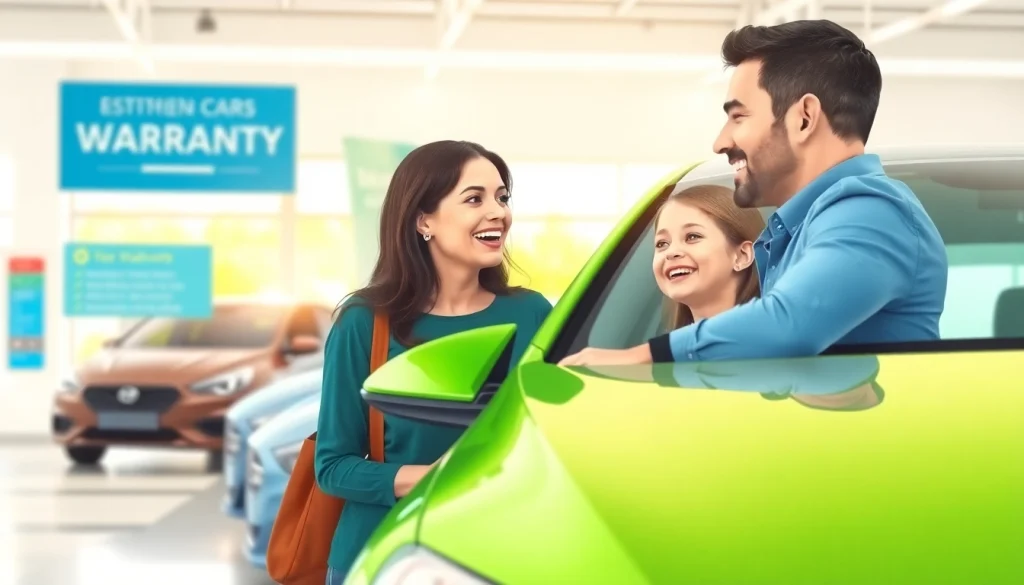 Illustration showing a family engaging with extended car warranty for used cars benefits at a sunny dealership.