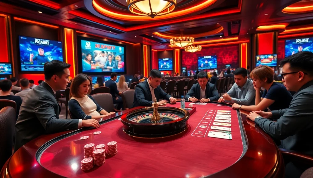 Xôi Xoài TV showcases a high-stakes poker game with vibrant chips and cards in a glamorous casino setting.