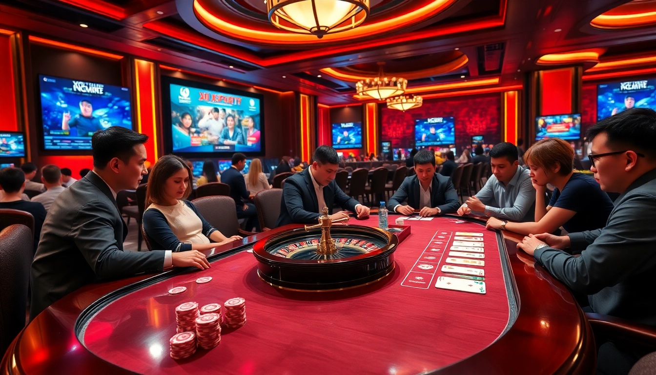 Xôi Xoài TV showcases a high-stakes poker game with vibrant chips and cards in a glamorous casino setting.