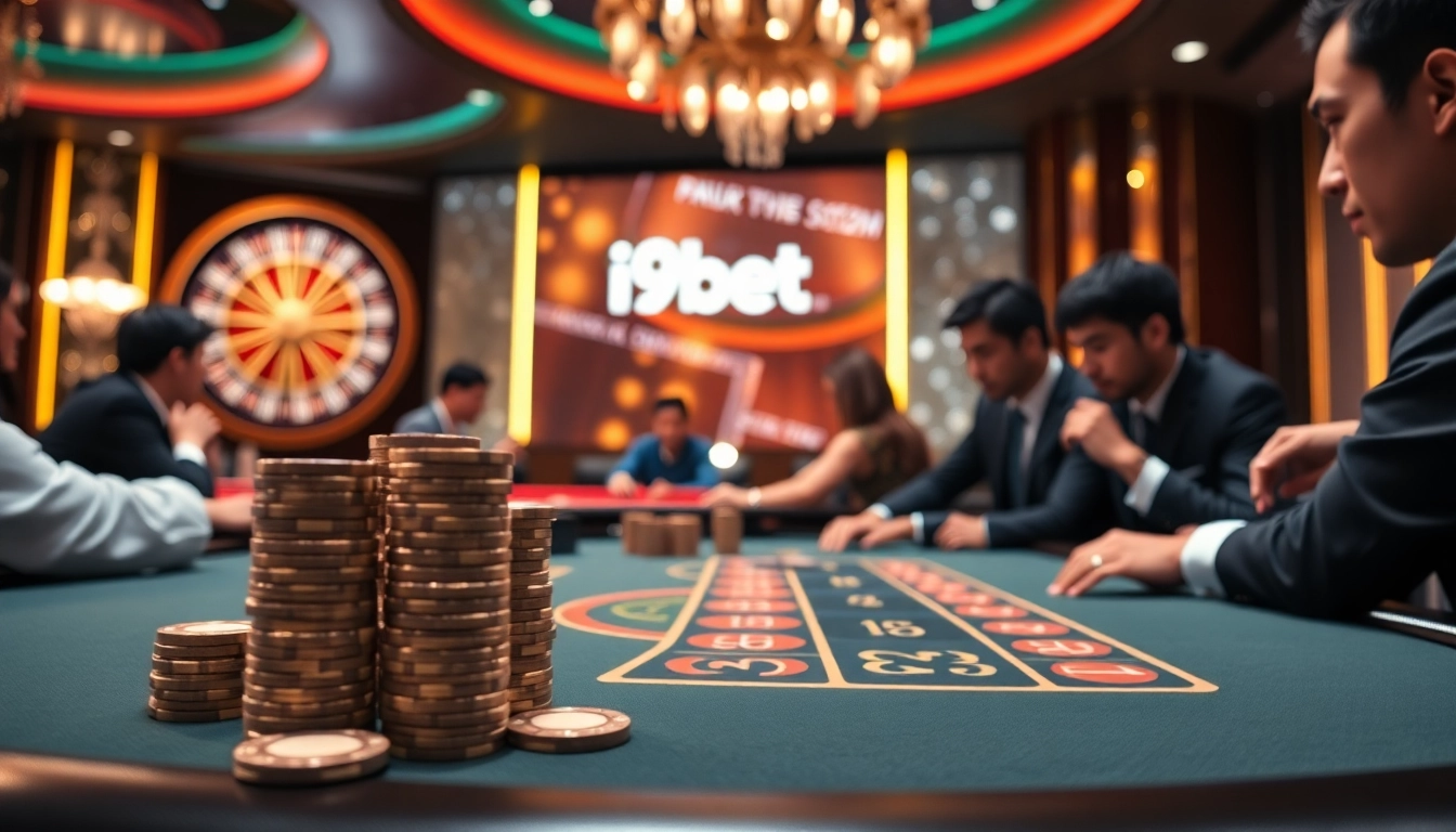 Exciting poker game at i9bet with vibrant casino atmosphere and stylish players