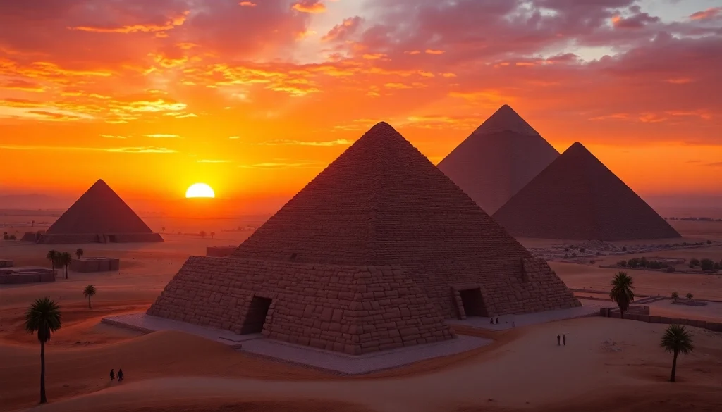 Pyraminds of Giza standing majestically against a sunset backdrop, showcasing ancient architecture.
