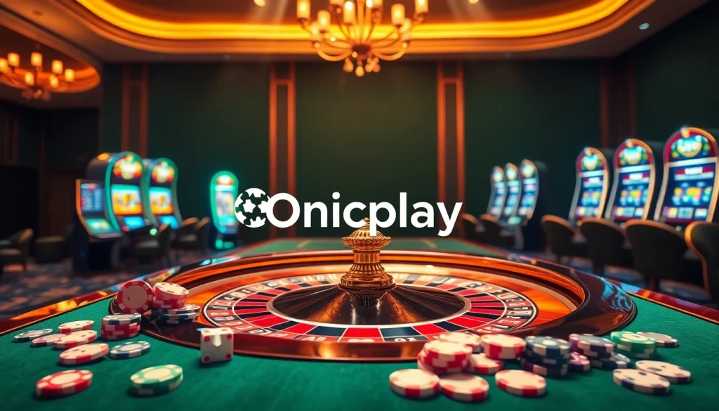 Experience thrilling gaming with onicplay, showcasing a luxurious casino atmosphere featuring roulette and slot machines.