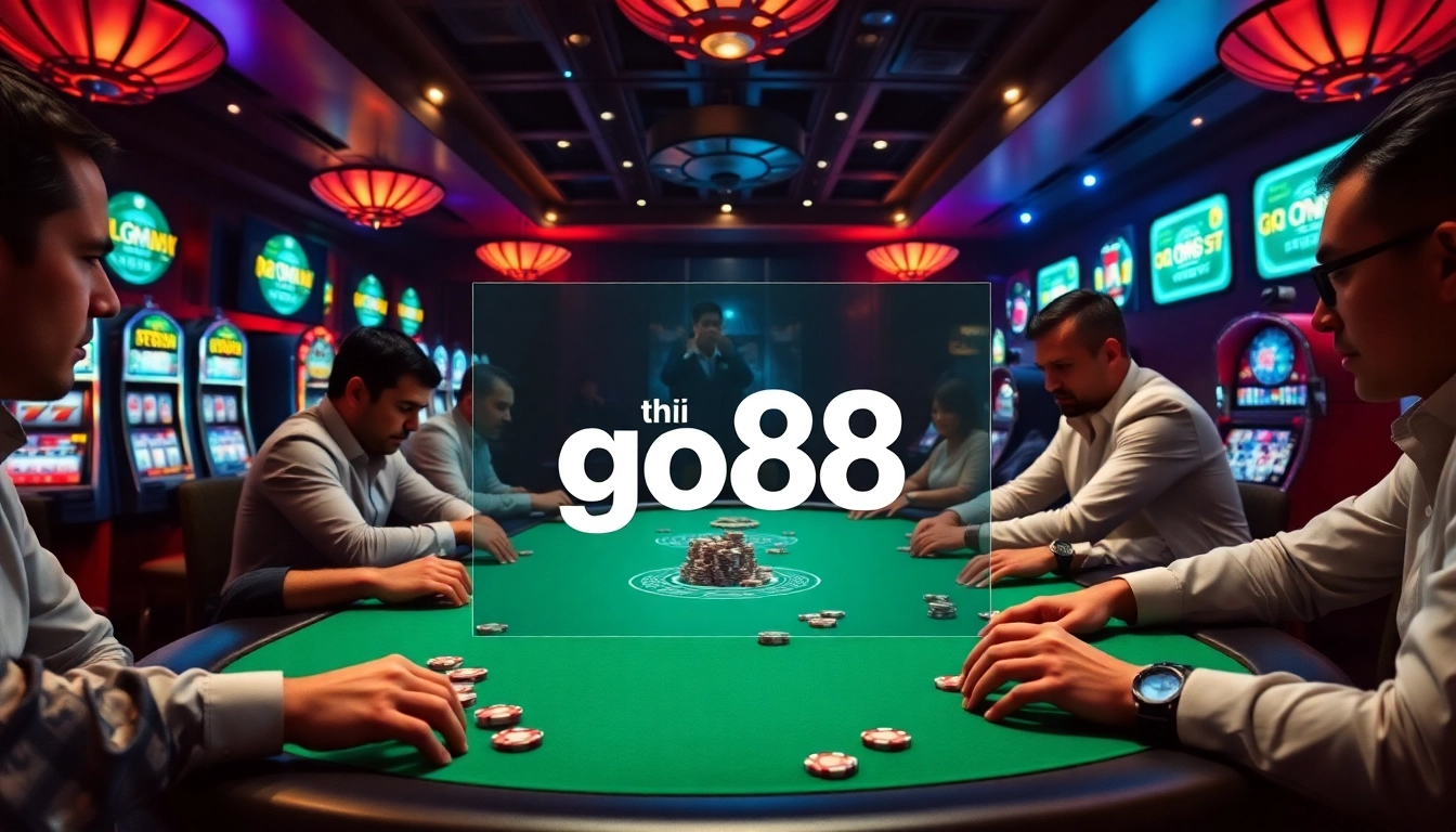Tải go88 with gamers engaged in an exciting poker game, showcasing vibrant casino atmosphere