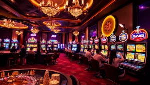 Mainkan permainan slot depo pulsa yang menarik di lingkungan kasino mewah dengan mesin slot yang berwarna-warni.