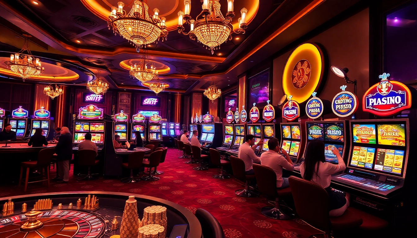 Mainkan permainan slot depo pulsa yang menarik di lingkungan kasino mewah dengan mesin slot yang berwarna-warni.