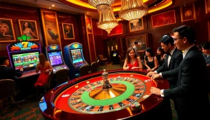 Experience situs deposit 5k excitement with players around a luxurious roulette table.