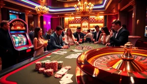 Engaged gamblers at an upscale casino table, capturing the essence of nhà cái cm88 excitement.