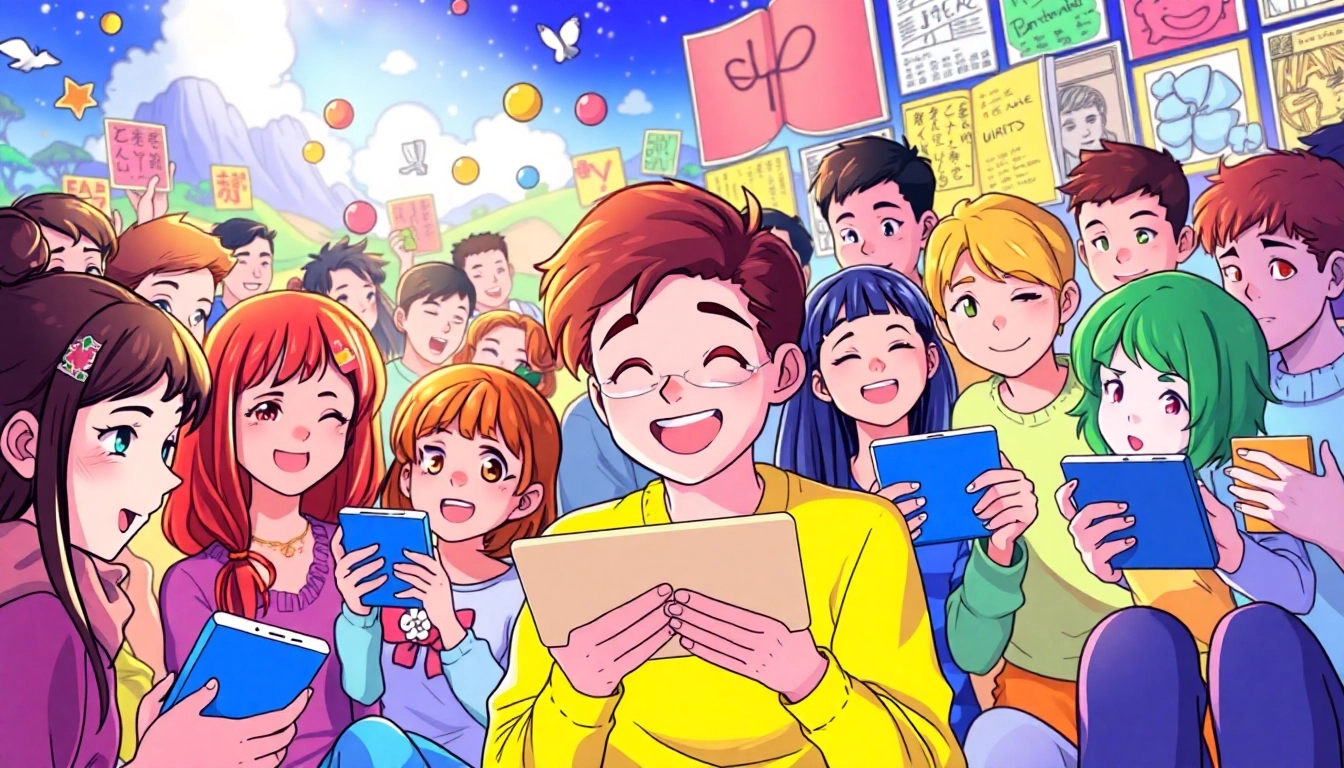 무료웹툰을 즐기는 다양한 캐릭터들이 있는 활기찬 온라인 커뮤니티 일러스트입니다.