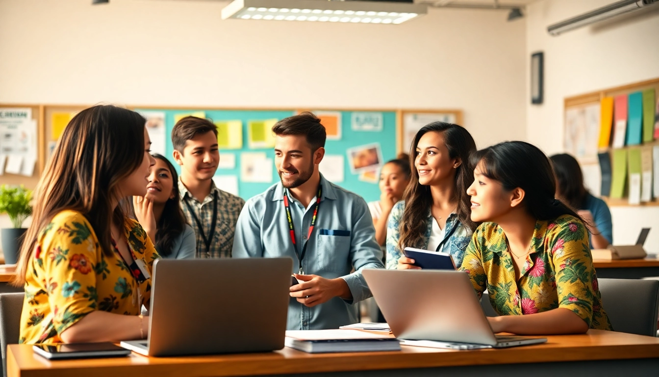 Engaged students discussing opportunities at Hawaii trade schools in a bright classroom.