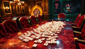 Engage in link mahjong gameplay surrounded by luxury casino elements and vibrant colors.