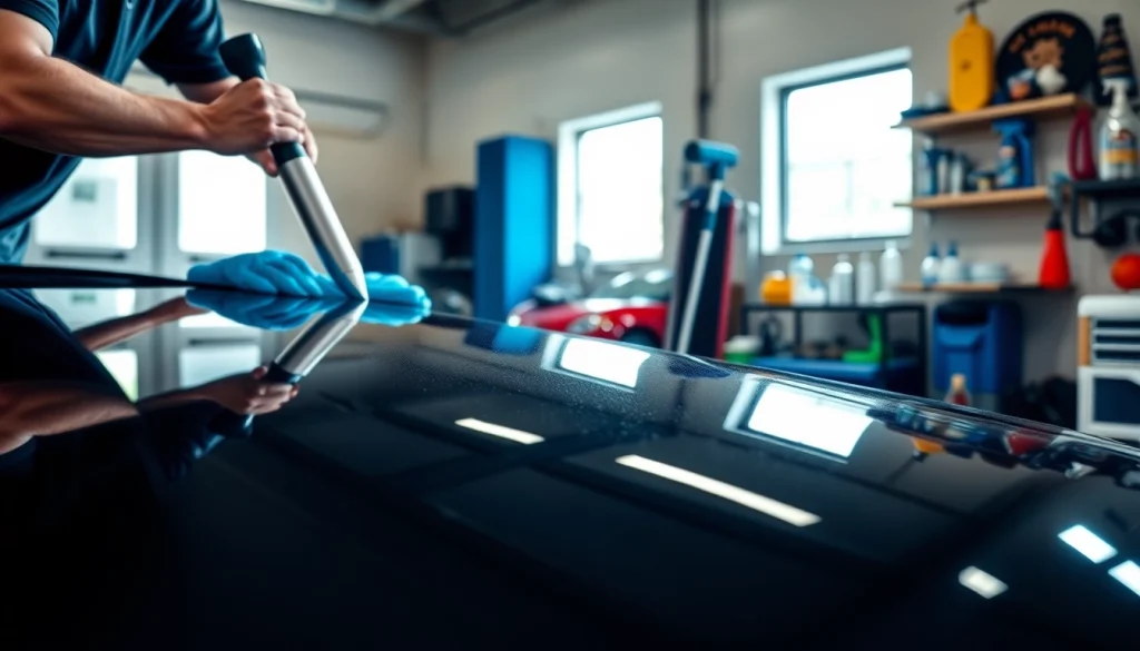Applying ceramic coating Chattanooga to a black car by a professional in a bright garage.