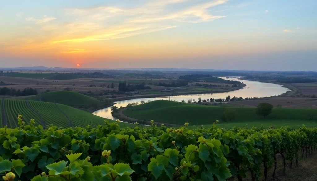 Experience the vineyards of Carksburg CA bathed in warm sunset light.