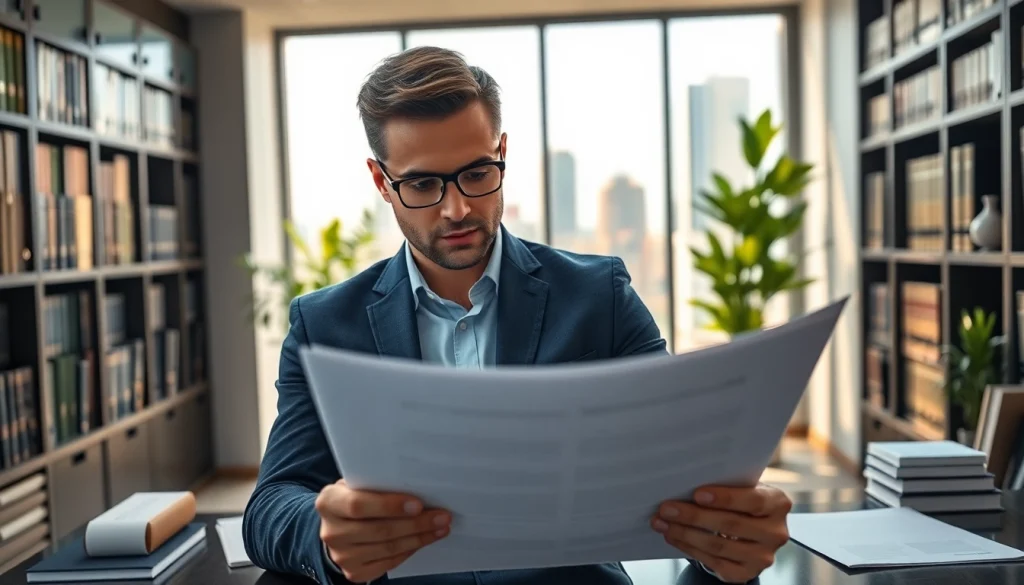 Engaged intellectual property lawyer reviewing legal documents in a modern office setting.