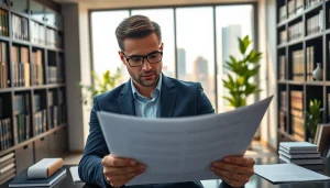 Engaged intellectual property lawyer reviewing legal documents in a modern office setting.