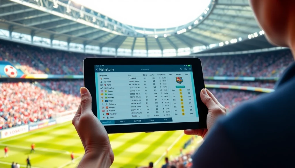 ติดตามผลบอลภาษาไทย thscore บนแท็บเล็ตในสนามฟุตบอลที่มีแฟนบอลเชียร์อย่างสนุกสนาน