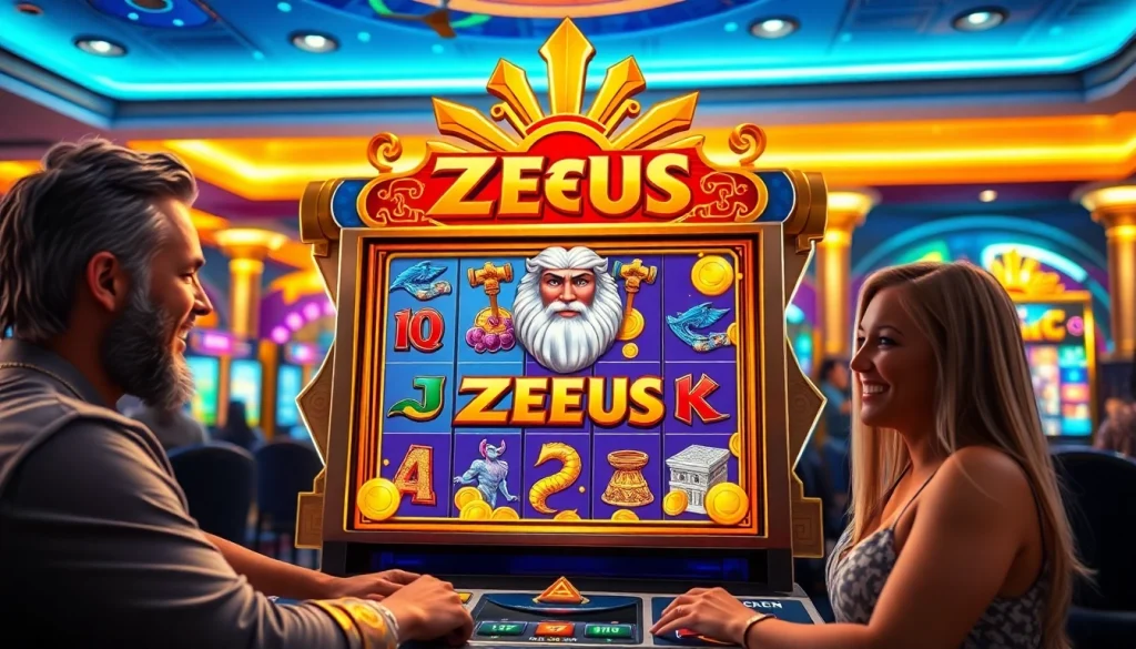 Players enjoying the Zeus slot machine surrounded by vibrant symbols and luxury.