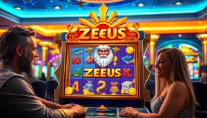 Players enjoying the Zeus slot machine surrounded by vibrant symbols and luxury.