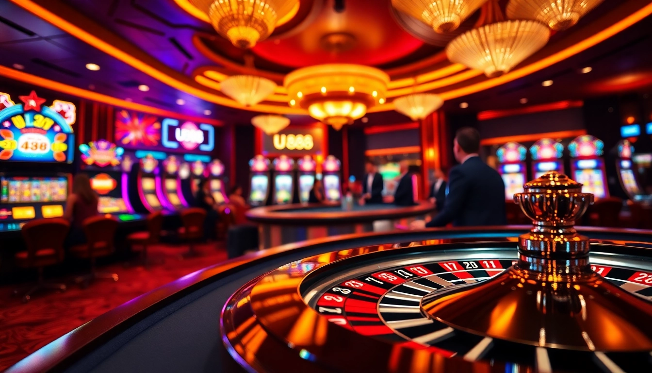 Experience the thrills of U 888 with vibrant casino action featuring poker chips and a roulette wheel.