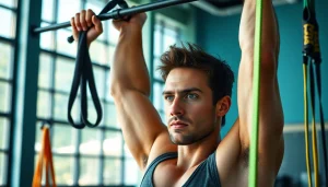 Fitness enthusiast training with pull-up resistance bands in a well-lit gym.