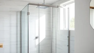 Duschkabine 100x100 in modernem Badezimmer mit eleganten Details und natürlichem Licht.