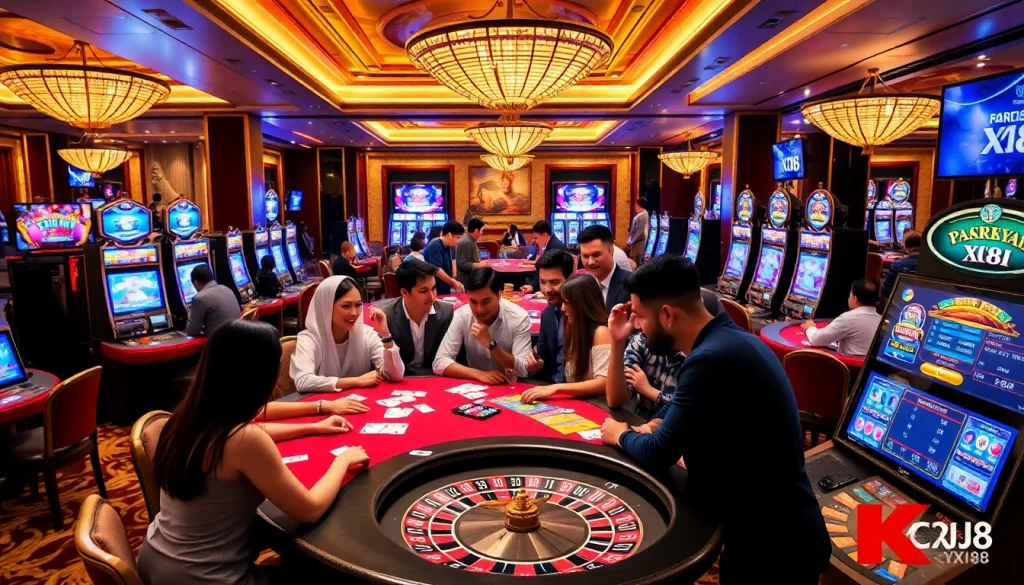 A dynamic casino scene showcasing players engaged at KJC XX88 gaming tables, emphasizing excitement and professionalism.