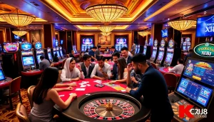 A dynamic casino scene showcasing players engaged at KJC XX88 gaming tables, emphasizing excitement and professionalism.