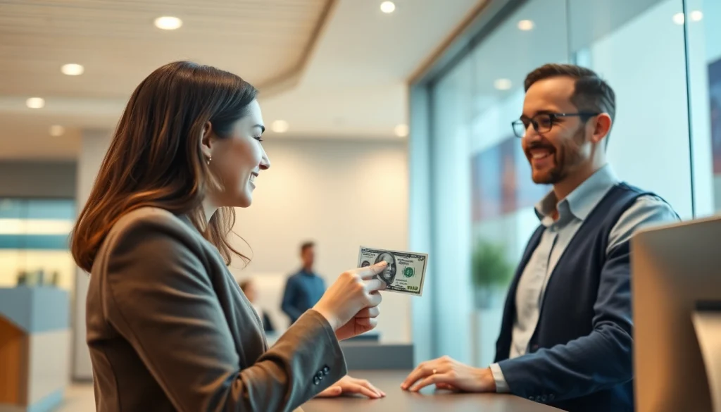 Menyimpan deposit 1k dengan ease, teller bank membantu pelanggan dalam suasana modern.