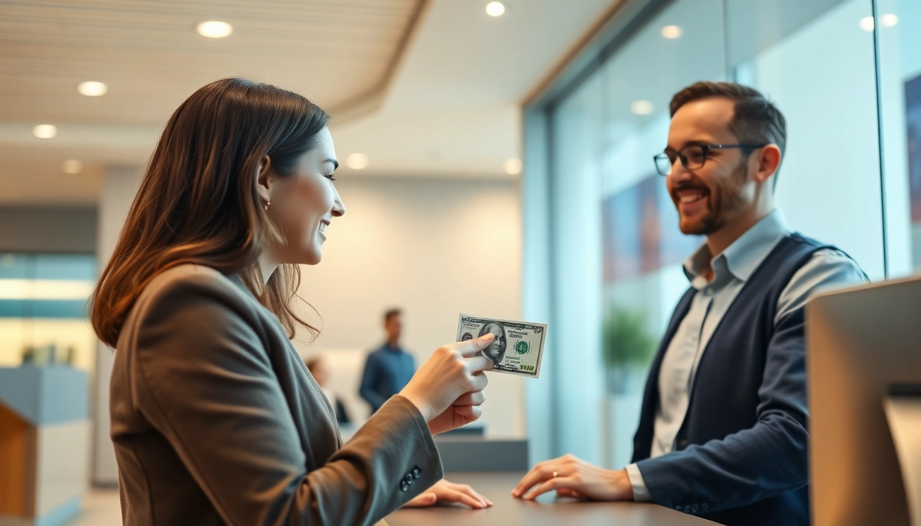 Menyimpan deposit 1k dengan ease, teller bank membantu pelanggan dalam suasana modern.