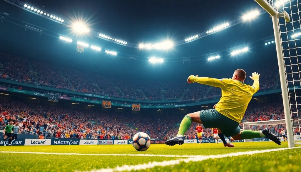 Soccer goalkeeper making a crucial save in an exciting match, focusing on ผลบอลสด ภาษาไทย thscore action and energy.