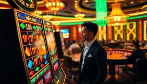Engaged player at an idn slot machine in a vibrant, luxurious casino setting.