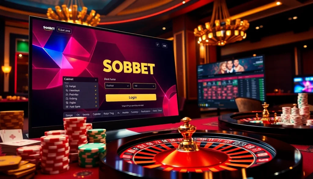 Simplified sbobet login interface on a luxury casino table with vibrant poker chips and a roulette wheel.