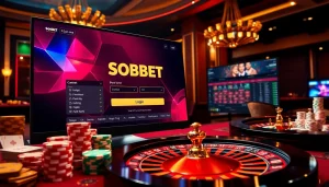 Simplified sbobet login interface on a luxury casino table with vibrant poker chips and a roulette wheel.