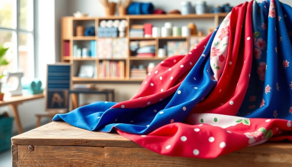 Bekijk tricot jersey bedrukt stoffen op een mooie houten tafel in een naaiatelier.